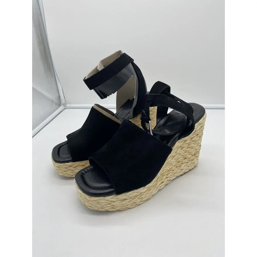 New Marc Fisher LTD Nelly Suede Espadrille Wedge Sandals Ankle‎ Strap Black 10M